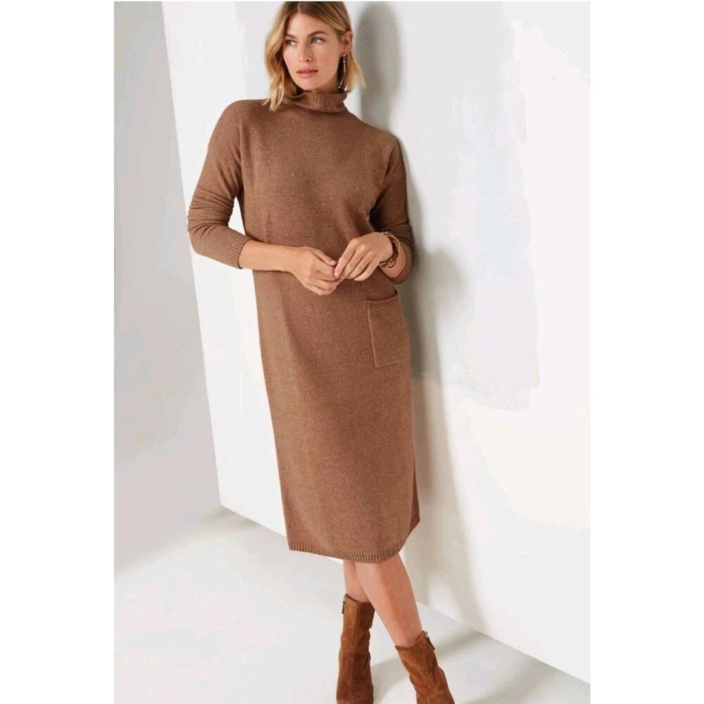 J Jill Pure Jill Sweater Dress Small Petite Nutmeg Marled Funnel Neck Midi Brown